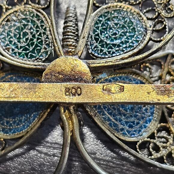 Vintage 800 Gold Filigree Painted Butterfly Brooch - Picture 5 of 8